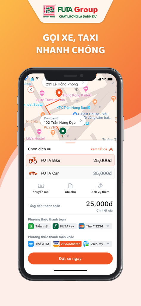 FUTA mobile app screen for booking taxi and bike rides in Vietnam