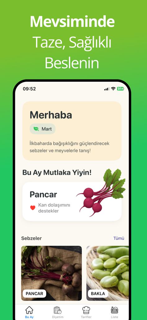 Mevsiminde Beslenme - 제철 채소 추천 및 영양 팁을 보여주는 Mevsiminde Beslenme 앱 인터페이스