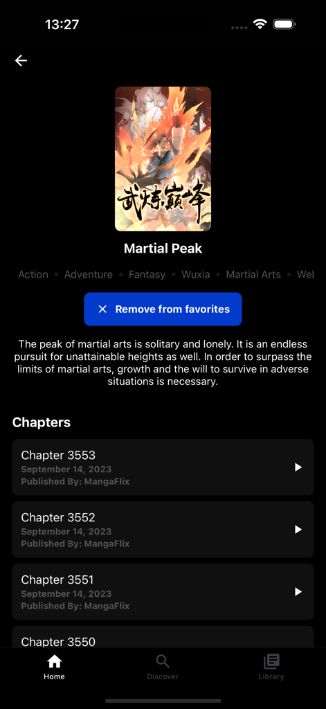 MangaFlix app interface showing the Martial Peak series details page with chapter list and favorites option