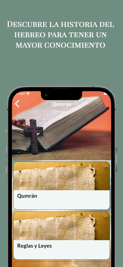 Pantalla de la aplicación sobre historia bíblica con Qumrán y pergaminos antiguos