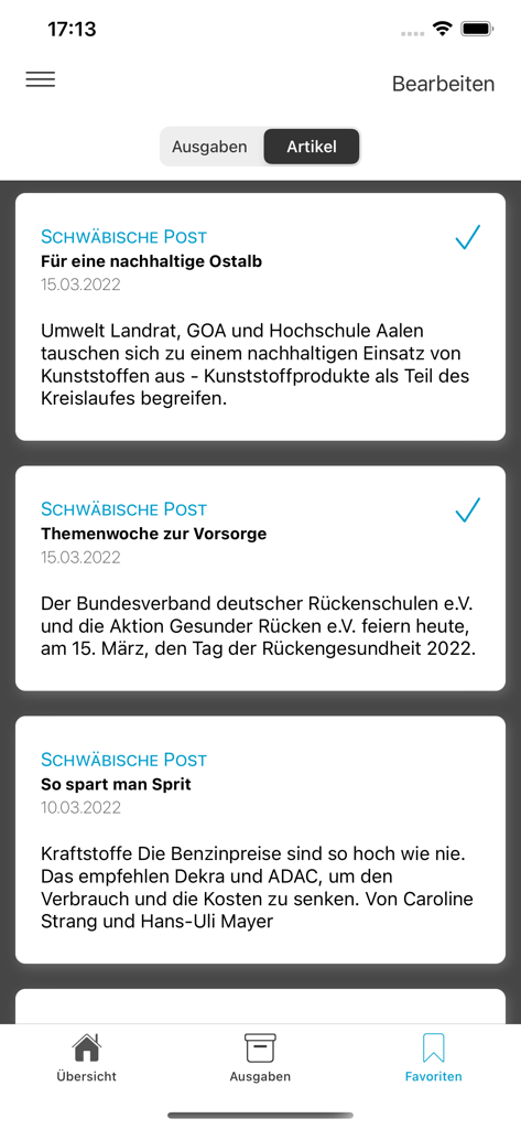 Un elenco di articoli di notizie aggiunti ai preferiti nella sezione Preferiti dell'app SchwäPo e Tagespost.
