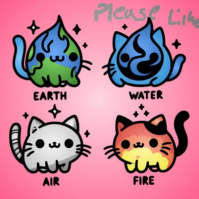 4 cats that represent the different elements, earth, water, air, and fire