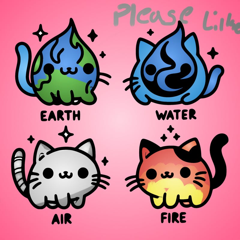 4 cats that represent the different elements, earth, water, air, and fire