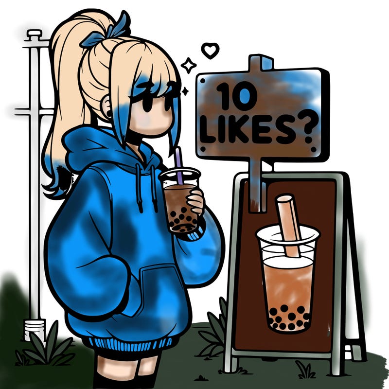 girl with oversized hoodie drinking boba and she has a high ponytail with a sign that says 10likes?