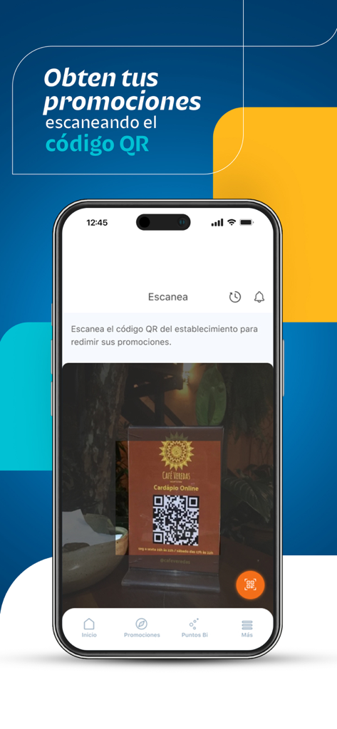Club Bi - Interfaz de la aplicación Club Bi mostrando un escáner de código QR para canjear promociones en un establecimiento asociado.