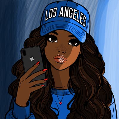 realistic beautiful girl wearing los ángeles cap holding an iphone