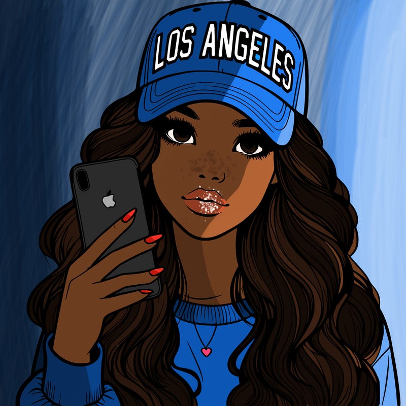 realistic beautiful girl wearing los ángeles cap holding an iphone
