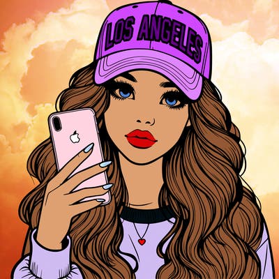 realistic beautiful girl wearing los ángeles cap holding an iphone