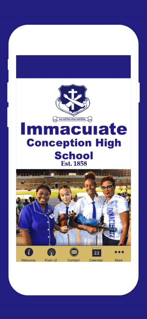 Immaculate Conception High - Home screen of the Immaculate Conception High School app featuring the school crest and navigation menu