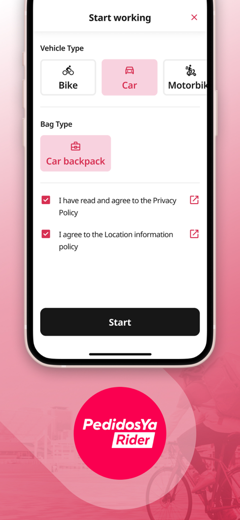 PedidosYa Rider - Setup screen in the PedidosYa Rider app showing vehicle type selection and terms of service agreement