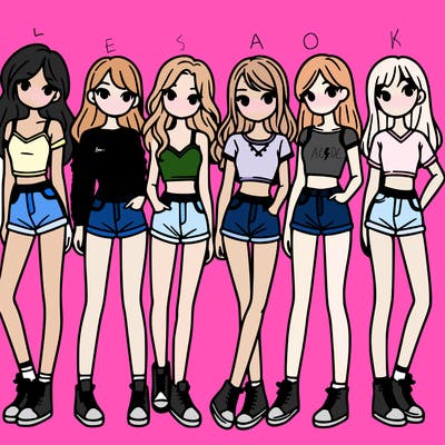 a group of girls wearing crop tops and shorts