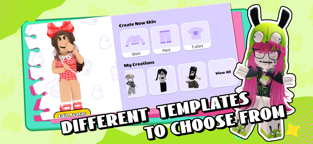 Skinzy: Skin Maker for Roblox - Skinzy app interface showing clothing templates and saved creations for Roblox avatars.