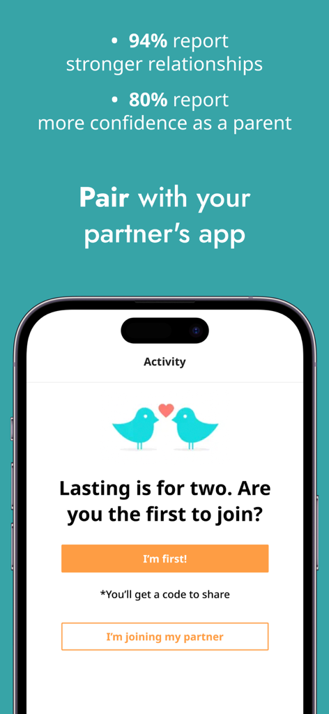 Lasting: Marriage & Couples - Pantalla de la aplicación Lasting que muestra la vinculación de cuentas de pareja y estadísticas sobre relaciones más fuertes