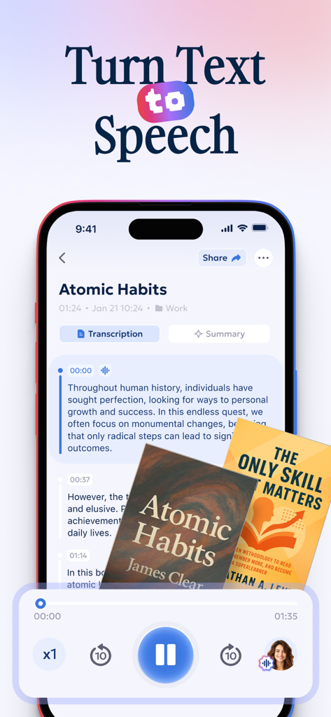 Notik: AI Note Taker - Notik app screen demonstrating AI text to speech feature with a book transcript.