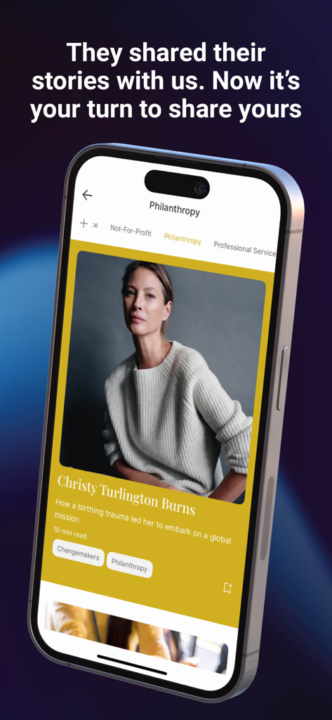 The CEO Magazine - The CEO Magazineアプリが、クリスティ・ターリントン・バーンズを特集した慈善活動の記事を表示。