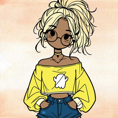 girl with a messy ponytail glasses a baggy crop top and jean shorts
