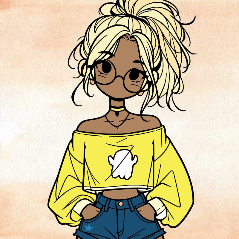 girl with a messy ponytail glasses a baggy crop top and jean shorts