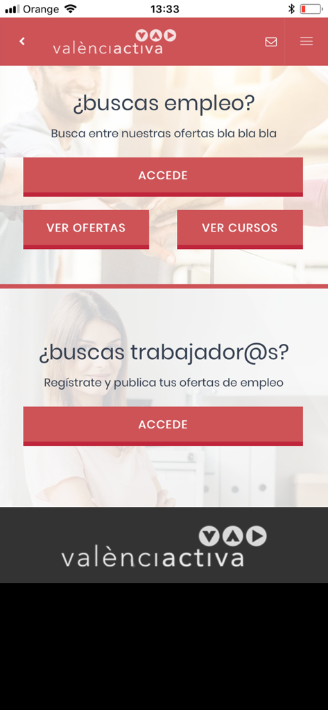 València Activa - Home screen of the Valencia Activa app with options for job searching and professional training