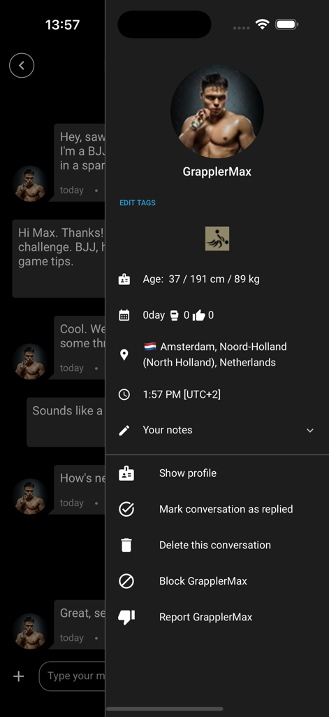 MeetFighters - Profile view of a user named GrapplerMax on the MeetFighters app displaying physical stats and interaction options