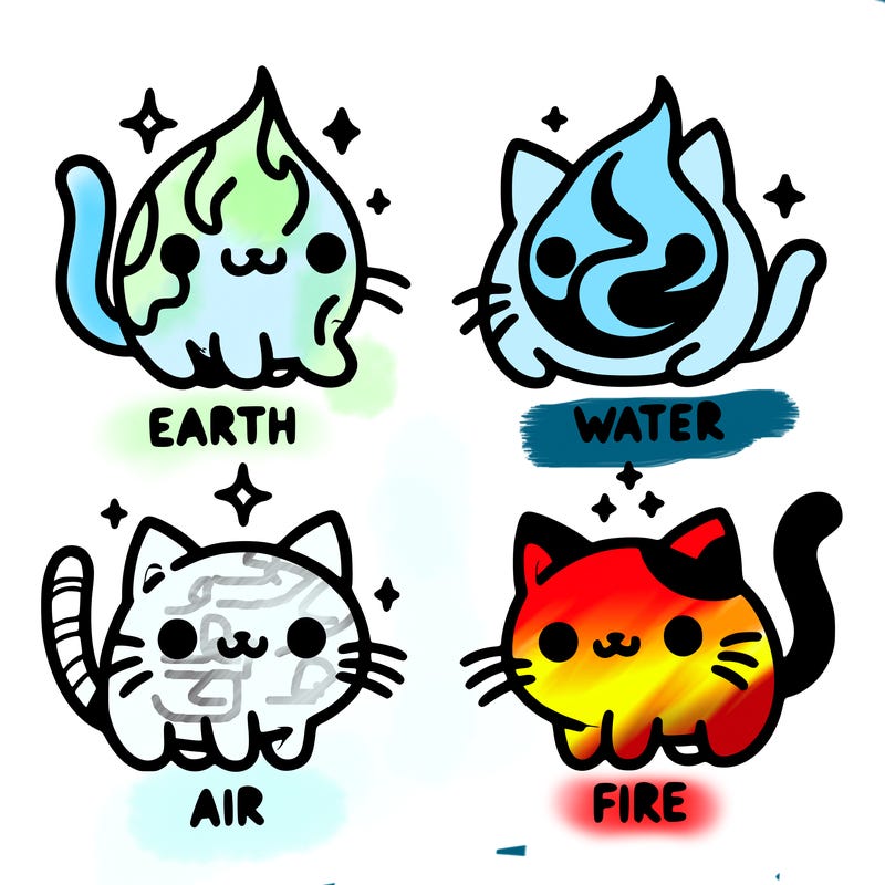 4 cats that represent the different elements, earth, water, air, and fire