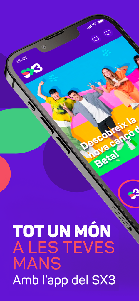 Beta 그룹과 카탈루냐 엔터테인먼트 콘텐츠를 특징으로 하는 스마트폰의 SX3 앱 인터페이스.