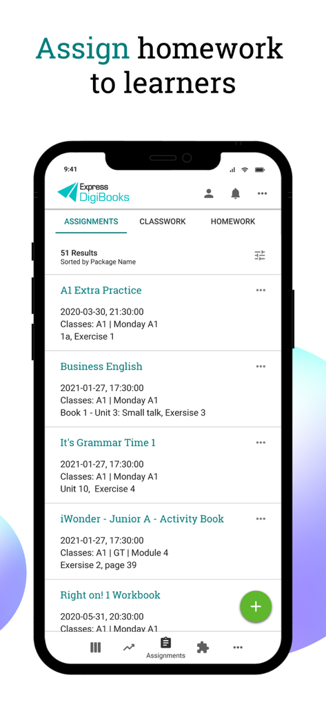 Express DigiBooks mobile app interface showing the assignments list for English language learners with options for homework and classwork.