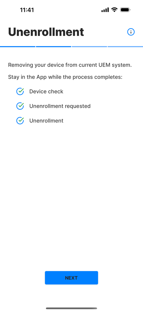 Screenshot of the Exodus Companion app showing a checklist of completed steps for the device unenrollment process.