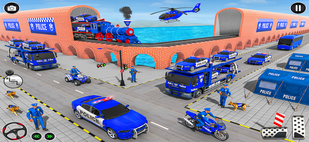 Police Transport Truck Driving - Una amplia gama de vehículos policiales, incluyendo camiones, coches, motocicletas y un helicóptero en un simulador de transporte