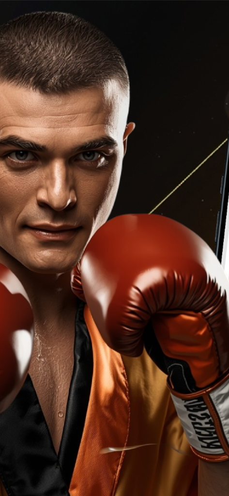 Intense close up portrait of a male boxer with red gloves and boxing gear