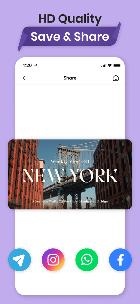 Thumbnail Maker For YT studios - Interfaz que muestra una miniatura de vlog de Nueva York en calidad HD con iconos para compartir en redes sociales para Instagram y Facebook