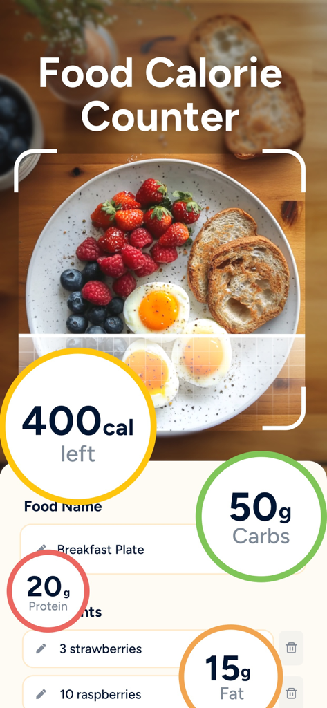 Eato®: Calorie Counter - Eato app AI image recognition scanning a breakfast plate to track calories and macronutrients