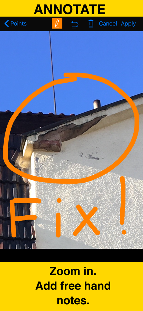 GPS Camera 55. Field Survey - A close up photo of building damage with hand drawn orange circle and fix note using the gps camera annotation tool