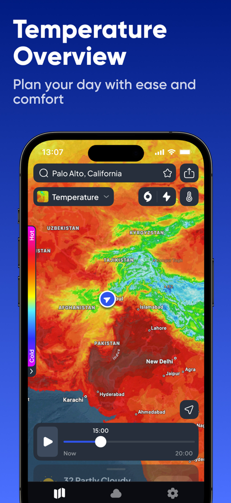 NOAA: Weather Radar & Forecast - Pantalla interactiva de mapa de calor de temperatura global en la interfaz de un teléfono móvil.