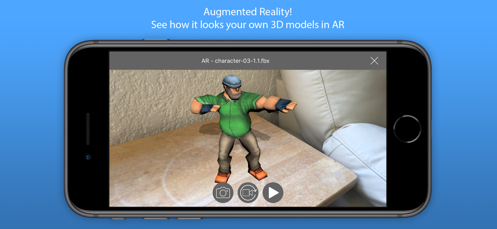 Artist 3D Viewer - A 3D character model projected onto a physical table using the augmented reality feature of the Artist 3D Viewer app
