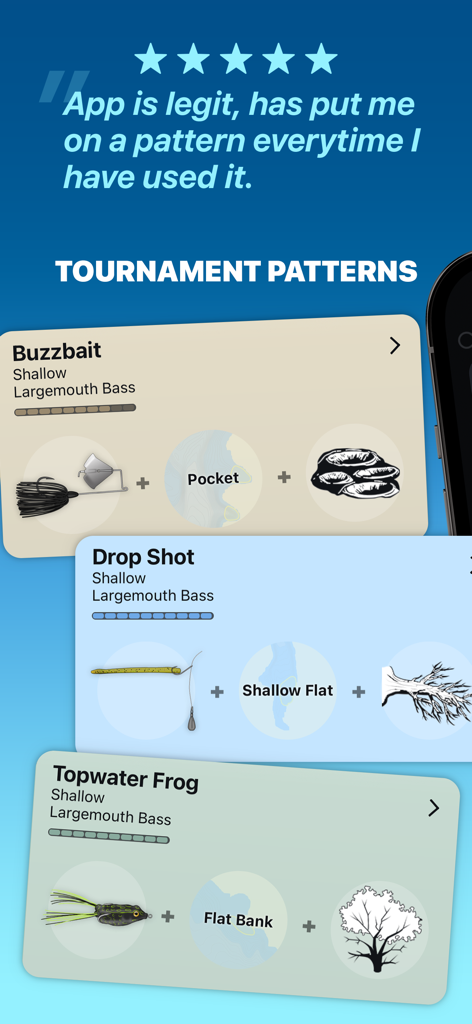 Deep Dive app displaying tournament patterns and lure recommendations for bass fishing