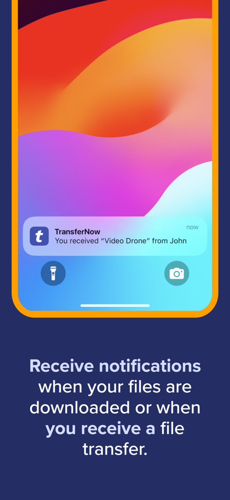 A smartphone lock screen showing a TransferNow notification for a received file named Video Drone from John.
