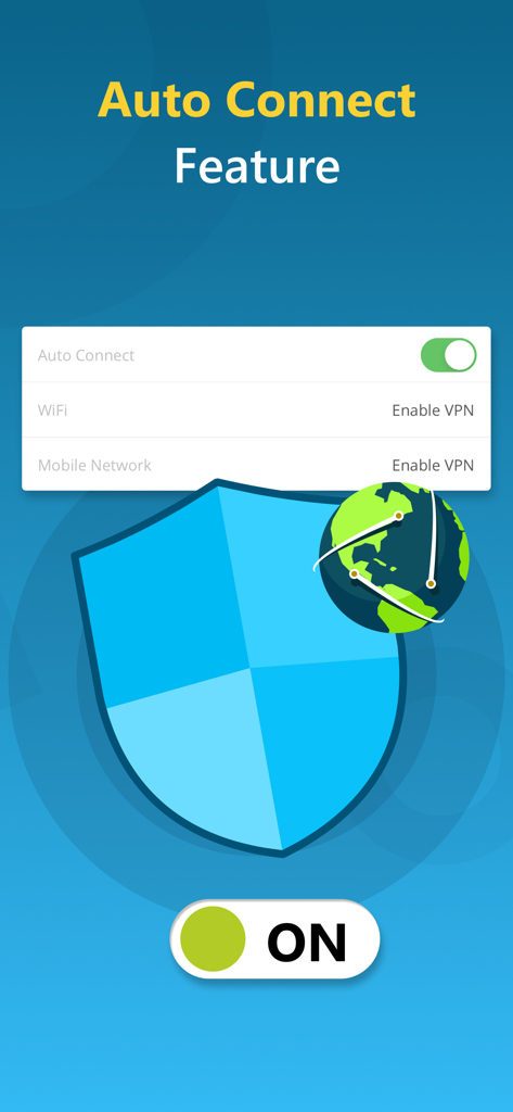 hide.me VPN - Ein Smartphone-Bildschirm, der die automatischen Verbindungseinstellungen von hide.me VPN für Wi-Fi- und Mobilfunknetze mit einem Schild- und Globussymbol anzeigt