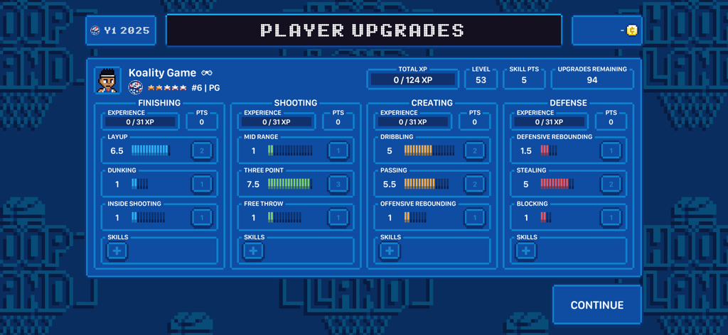 Hoop Land - Interfaz de mejoras de jugador de Hoop Land con estadísticas de baloncesto de pixel art y progresión de habilidades
