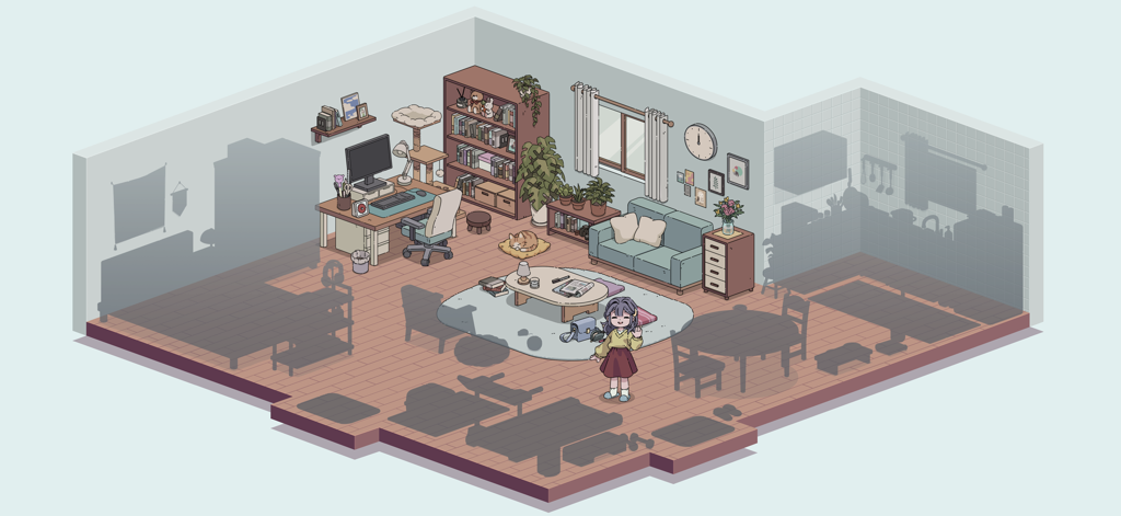 A cozy isometric room decoration in My Little Pomodoro featuring Pommi and Doro the cat