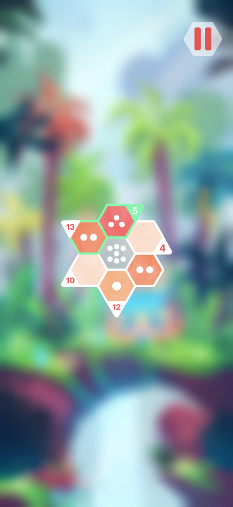 Hexologic - Sudoku Puzzle Game - A hexagonal logic puzzle with dots and numbers set against a blurred tropical jungle background.