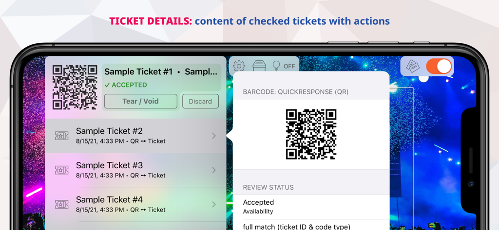 EventCode+ XQ QR Ticket System - A smartphone screen showing the ticket details and validation status within the EventCode plus XQ app including options to tear or void tickets