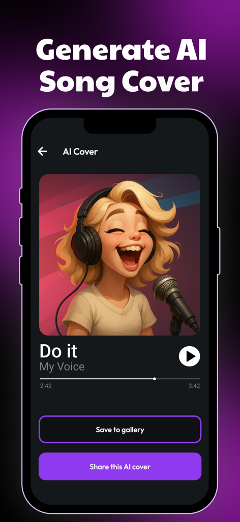 Una interfaz móvil de la aplicación Songy que muestra una portada de canción IA generada con opciones para guardar y compartir