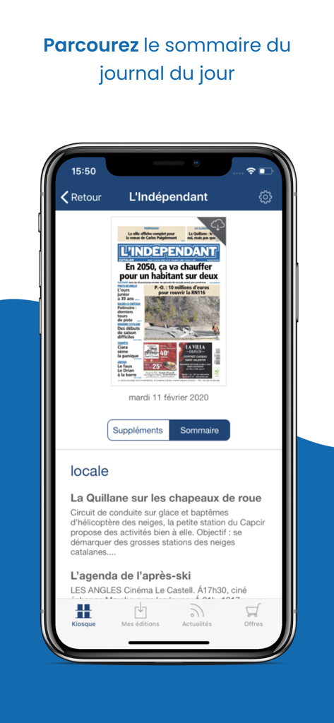 L'Indépendant Le Journal - スマートフォン画面。L'Indépendant新聞の毎日の概要と一面が表示されています。