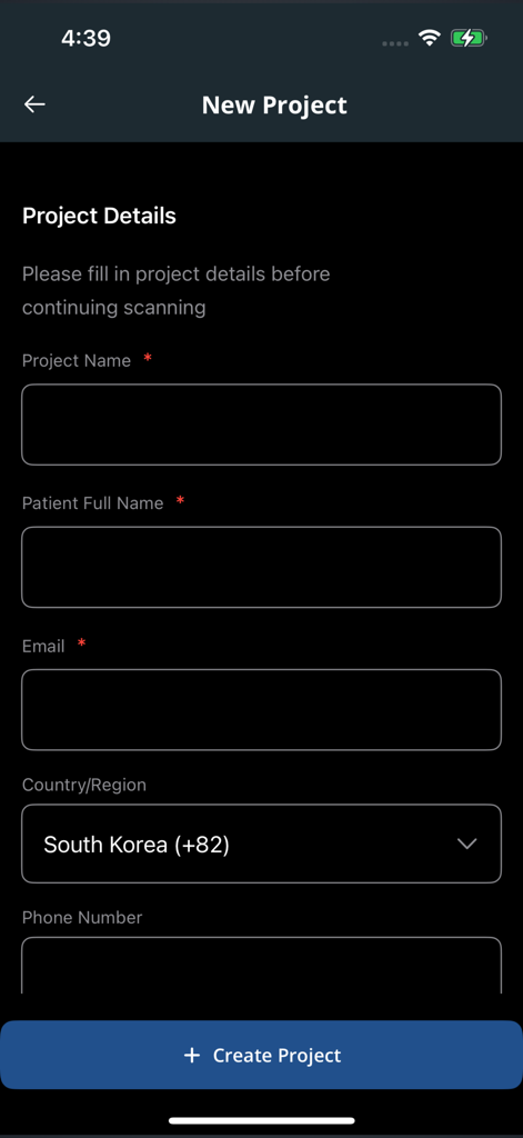Ein Bildschirm zur Einrichtung eines neuen Projekts in der ViewScan-App, auf dem medizinisches Fachpersonal Patienteninformationen eingibt, bevor ein 3D-Scan gestartet wird.