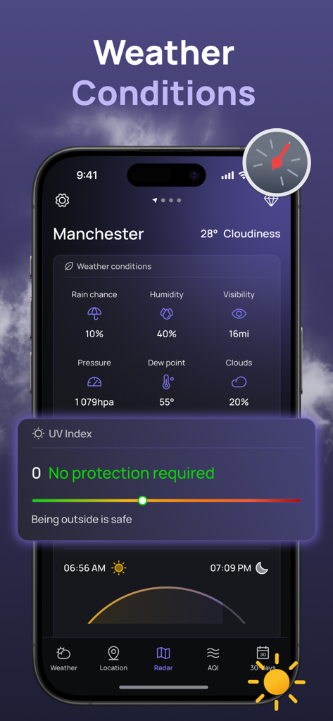 NOAA Weather Radar, Forecast - Interfaz de smartphone que muestra las condiciones meteorológicas y el índice UV para la aplicación NOAA Weather Radar