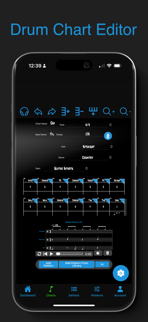 Drum Chart Builder - Interfaz del editor de partituras de batería que muestra la estructura de la canción y la notación de batería