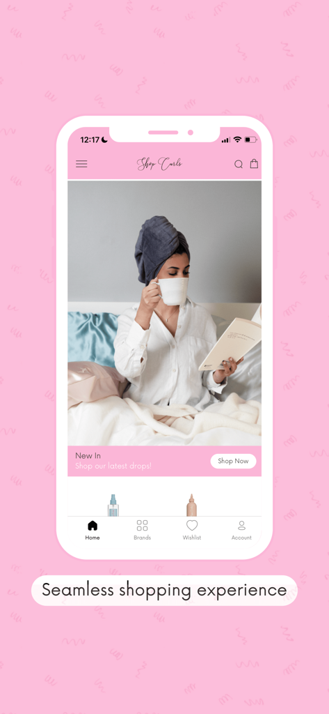 Shop Curls - Shop Curls mobile app home screen showing a woman relaxing in bed and new product arrivals.