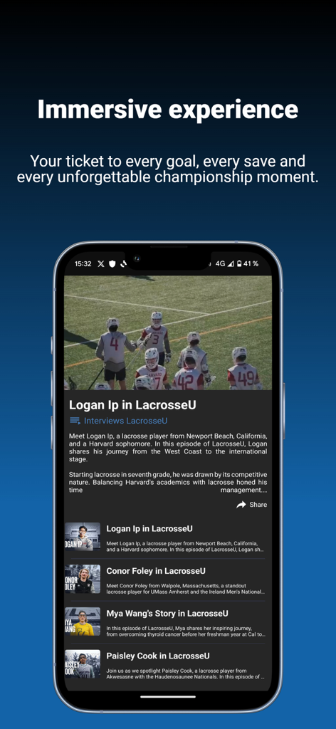 A mobile phone screen displaying the World Lacrosse TV app interface with a featured interview and a list of player stories.