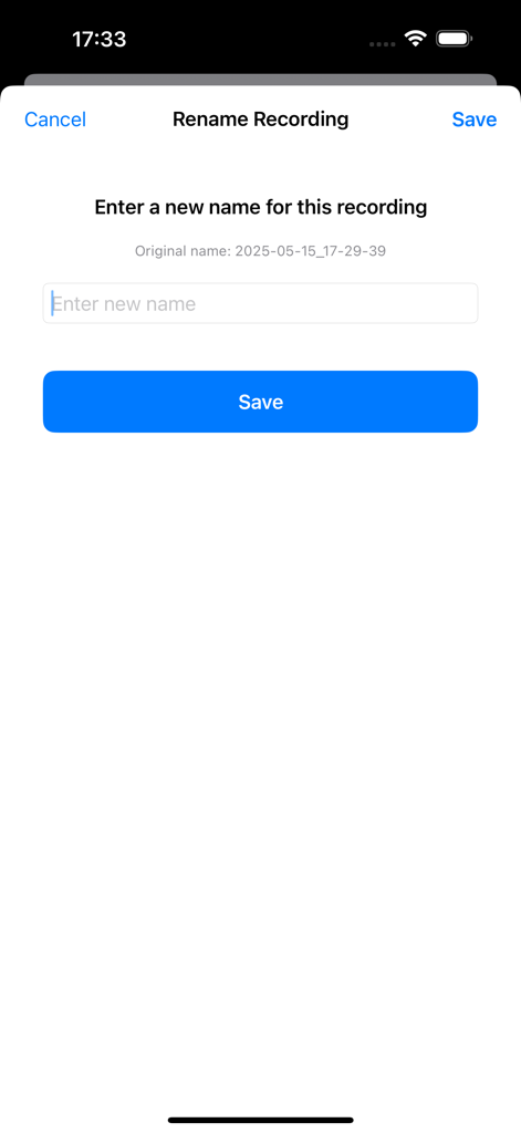 Interface for renaming a recording within the Secure Voice Recorder app showing a text input field and save button