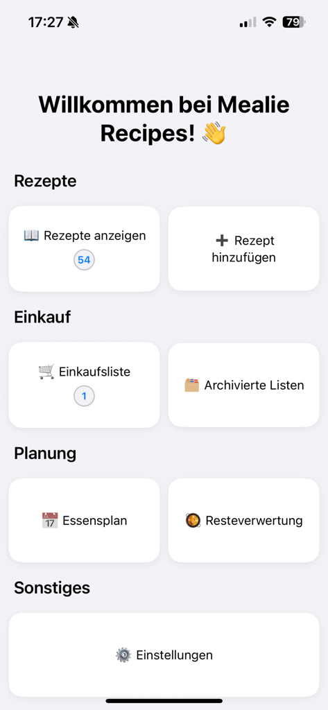 Mealie Recipes - Main menu of the Mealie Recipes app featuring dashboard tiles for recipe management, shopping lists, and meal planning.